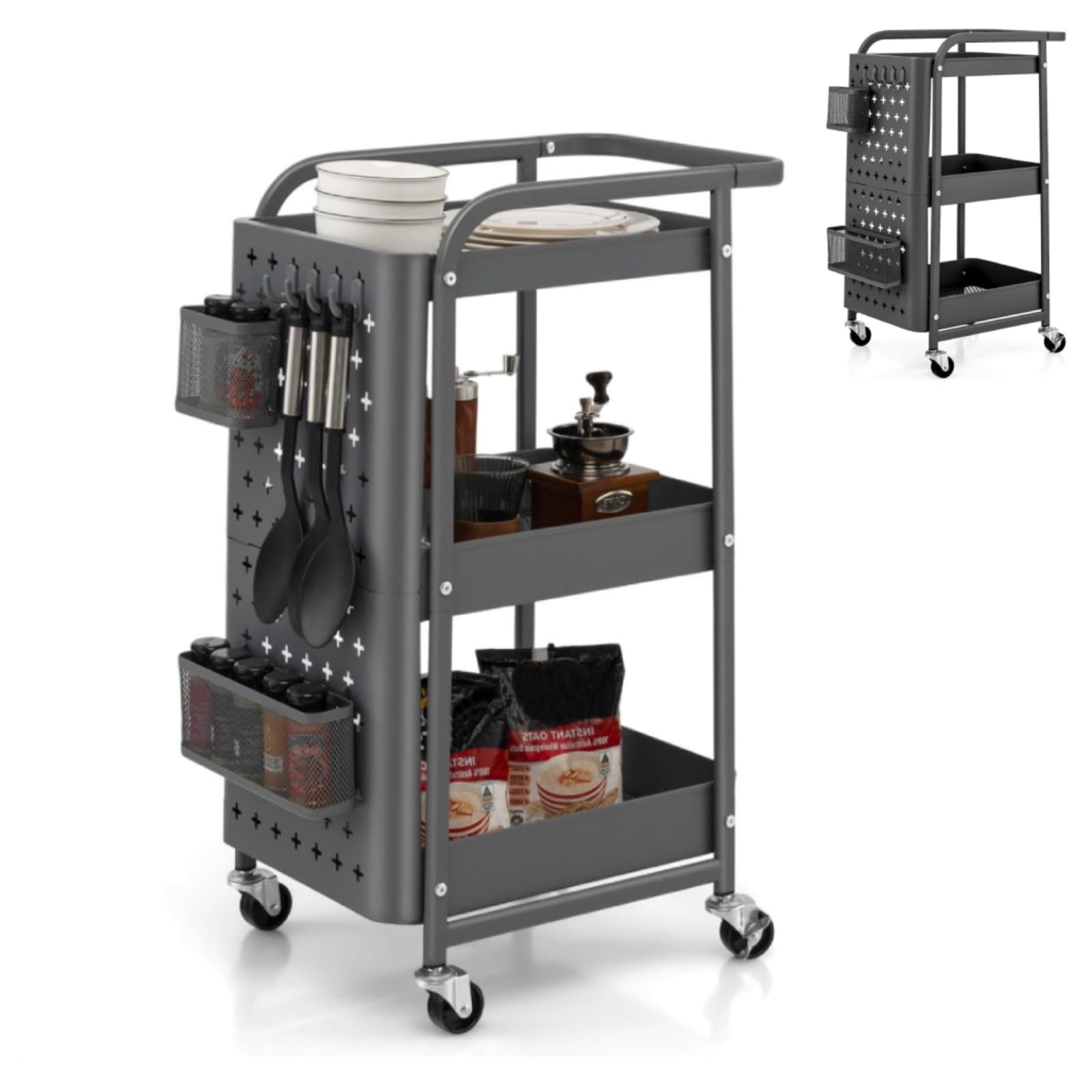 Giantexuk 3-tier storage cart on wheels, metal serving trolley with pegboards, handle, storage basket & removable hooks