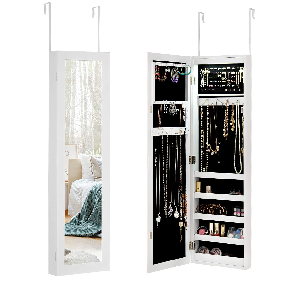 Led lighted jewelry cabinet, wall & door mounted jewelry armoire with full-length mirror