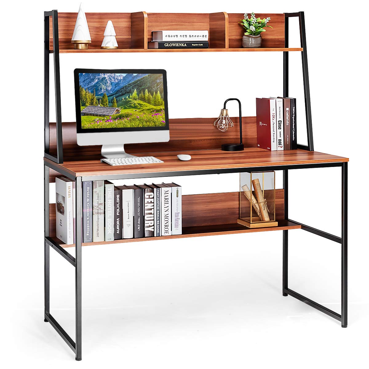 Computer desk with storage bookshelf, 2-in-1 workstation pc laptop table