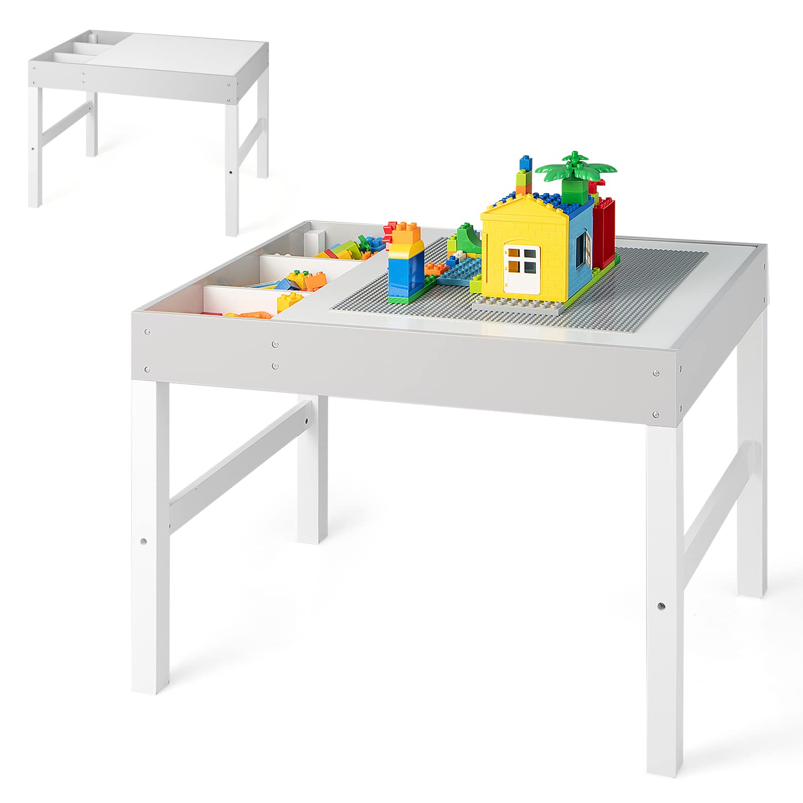 3-in-1 kids activity table, wooden children building blocks table with reversible tabletop and storage