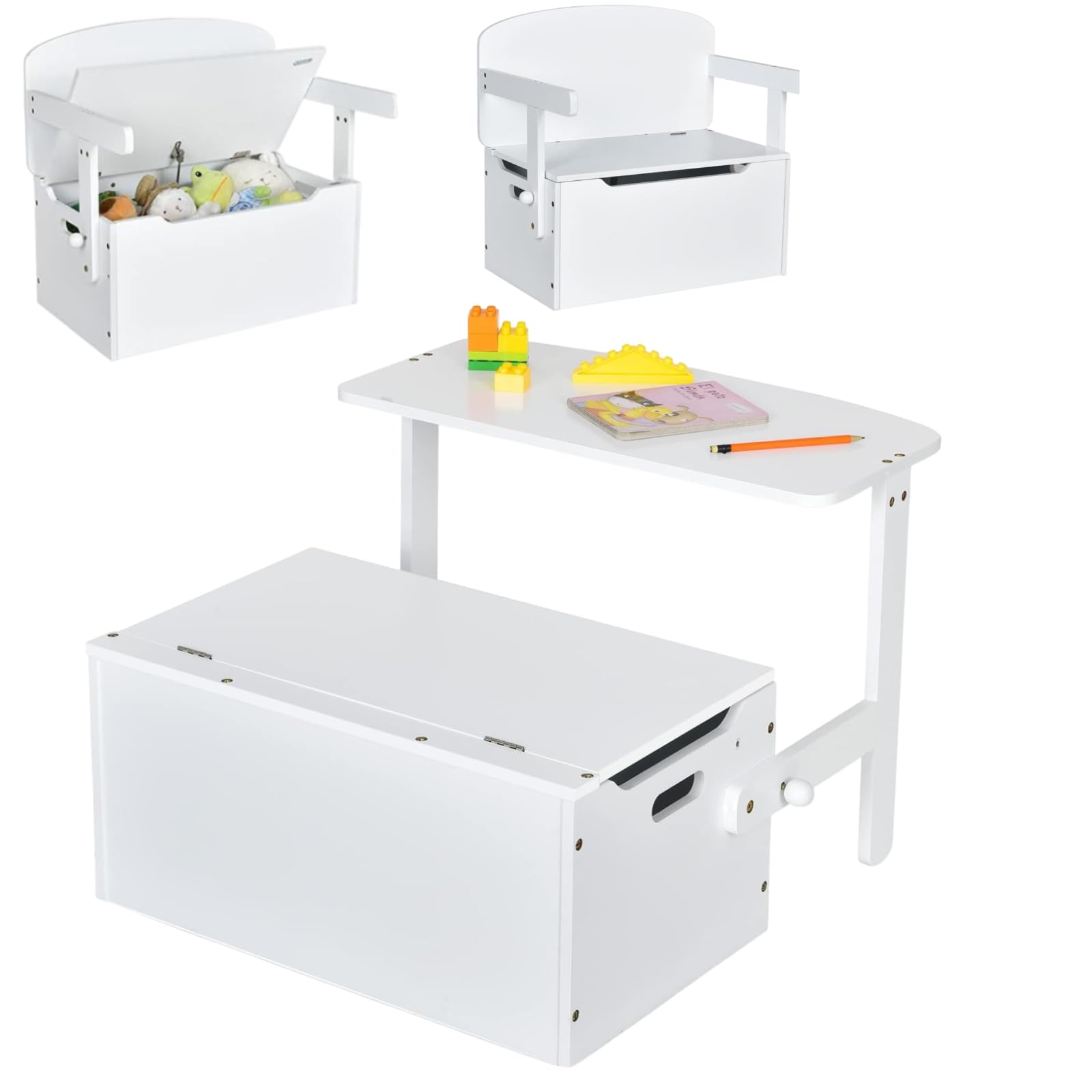 3 in 1 toddler table and chair set, convertible kids bench storage chest with safety hinge