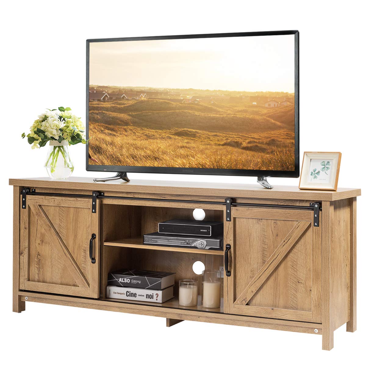 Farmhouse tv stand for tvs up to 60 inches, wooden tv cabinet media entertainment center with sliding barn door and storage shelves