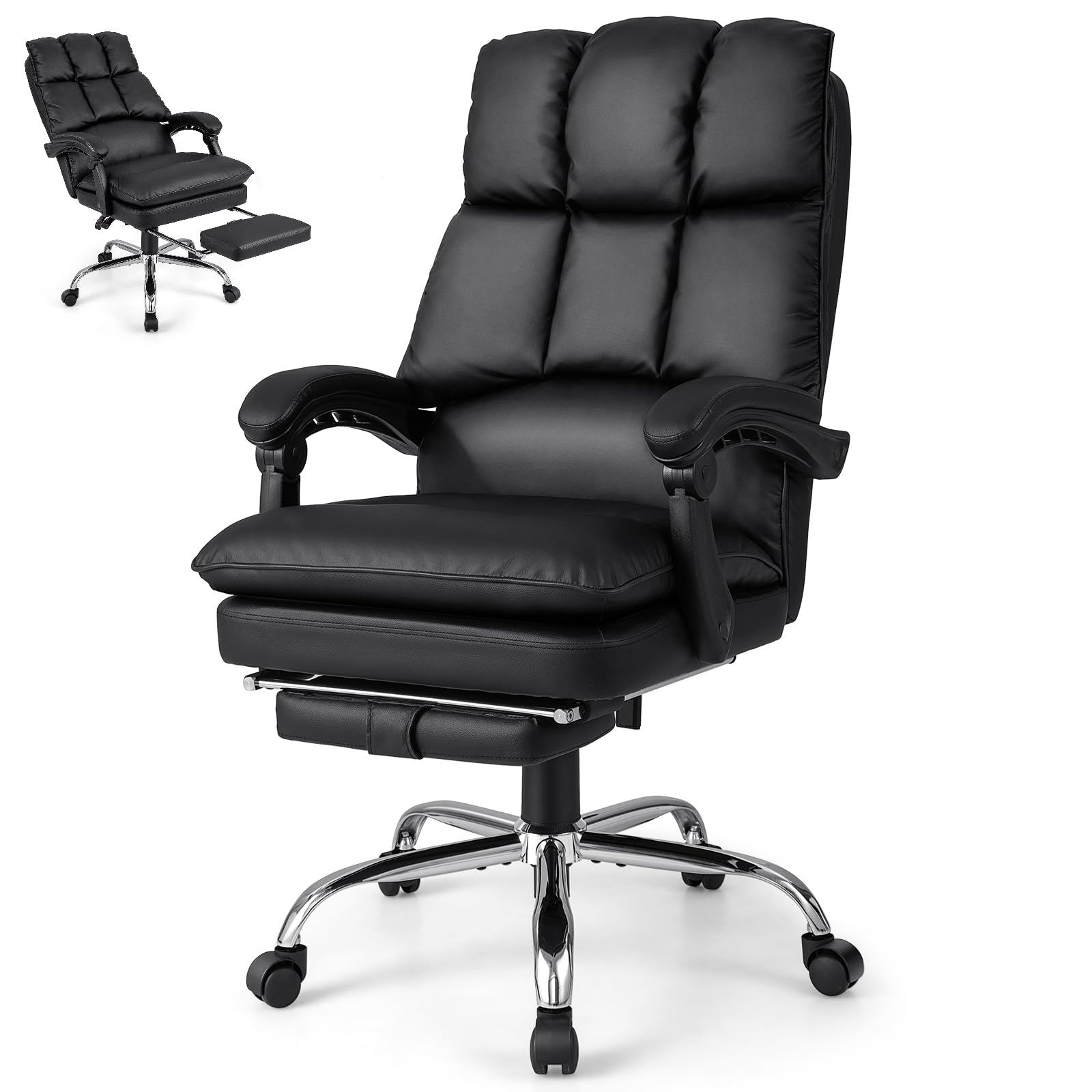 Pu leather office chair, height adjustable reclining computer desk chair with retractable footrest