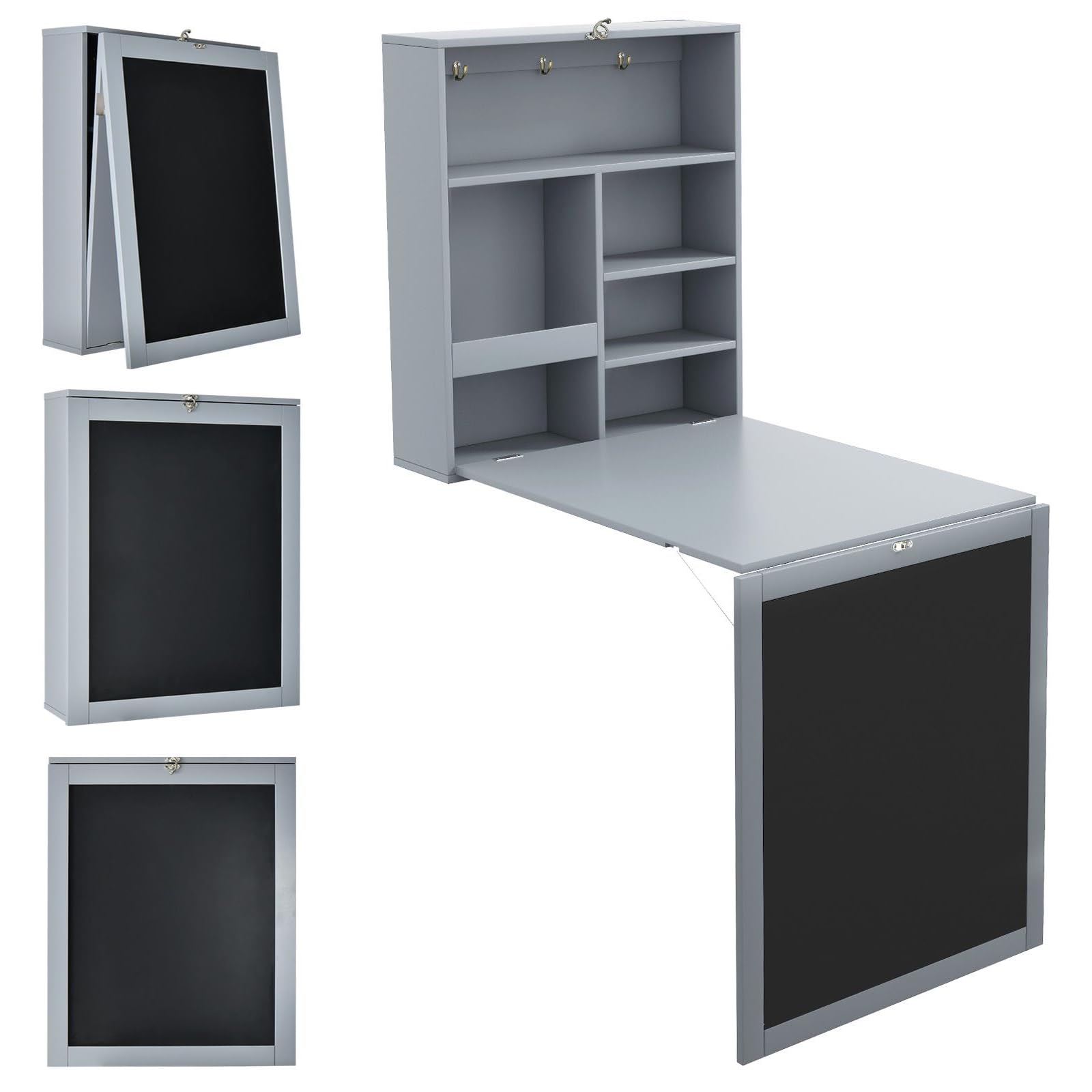 Wall mounted computer desk, folding convertible wall table with blackboard & storage shelves