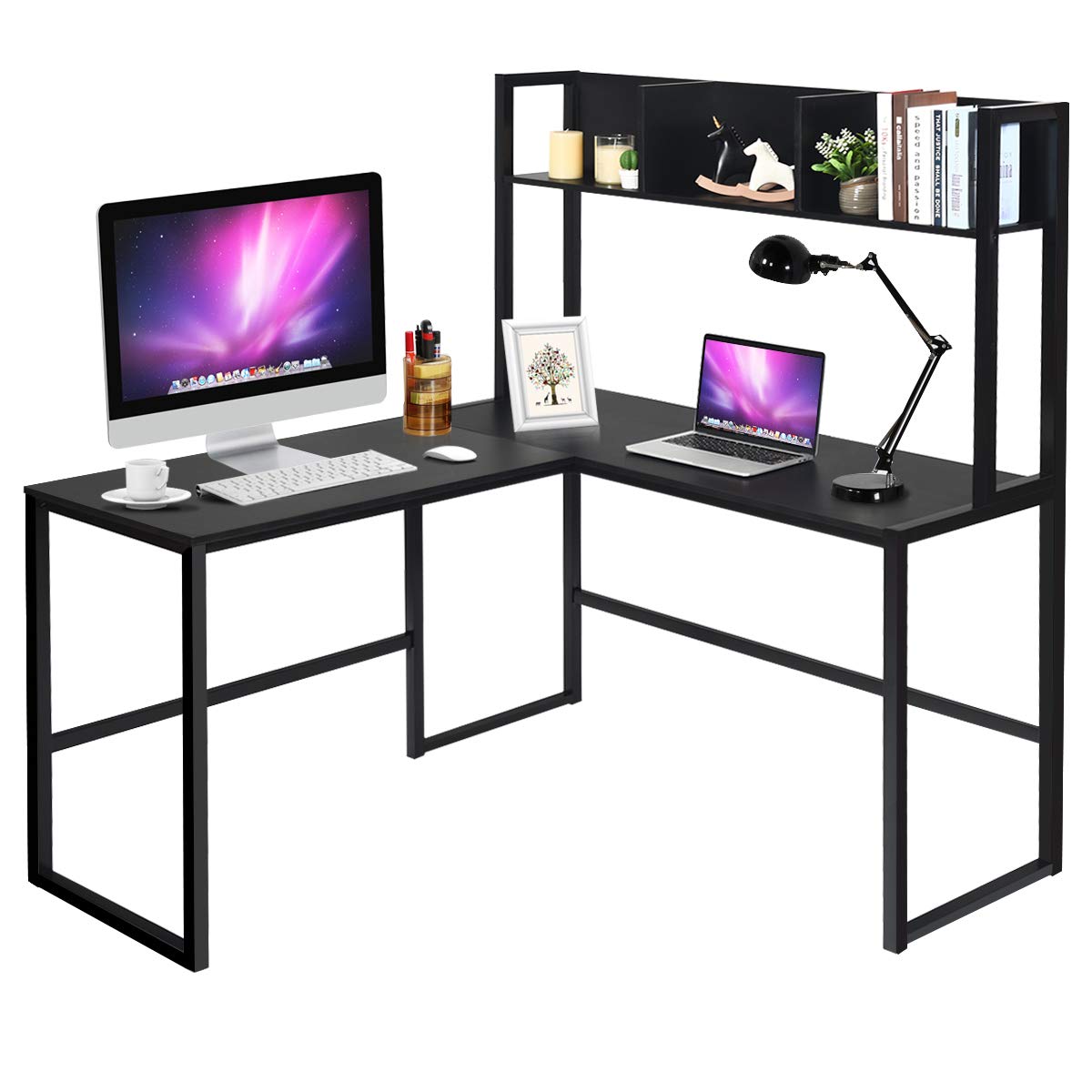 L-shaped computer desk, industrial large 2-person corner writing workstation pc laptop table