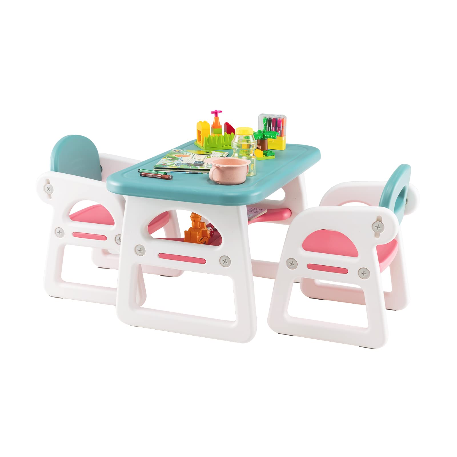 Toddler table and chairs set, plactic children activity table with storage rack