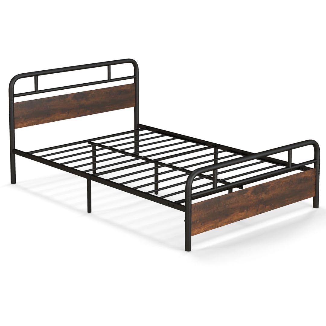 Single/double/king platform bed frame, metal slatted mattress foundation with headboard & footboard