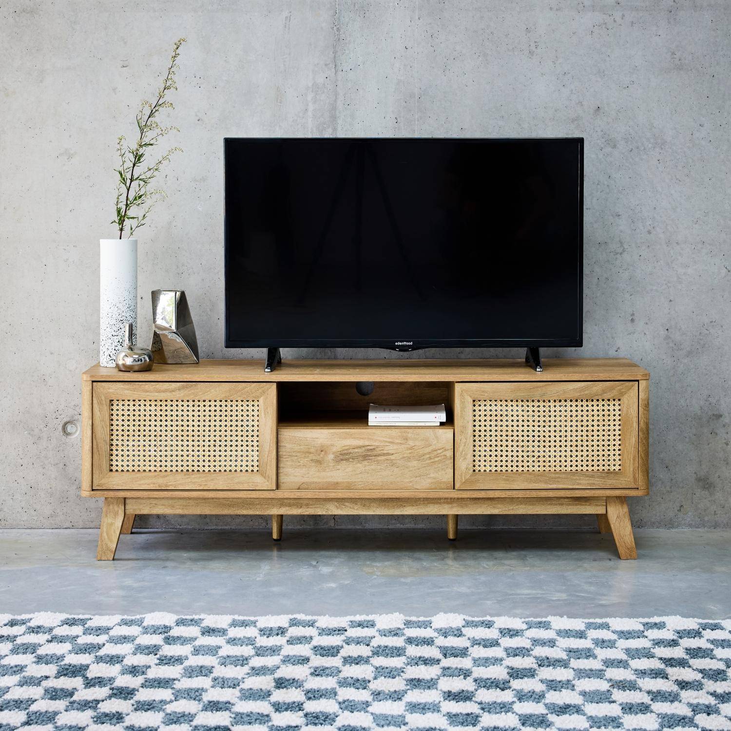 150cm TV unit with wooden and cane effect, sliding doors