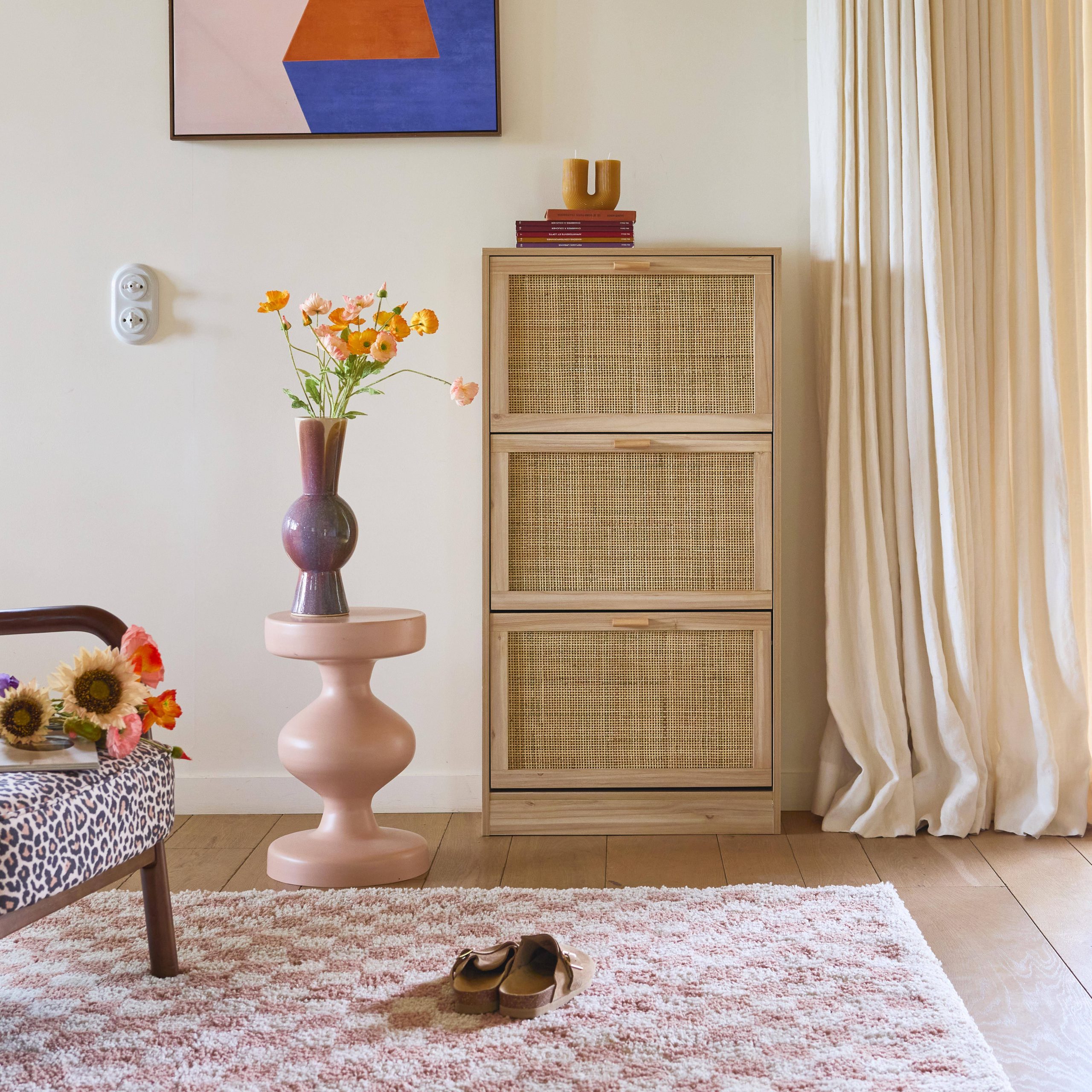 3-door shoe cabinet with cane and wood effect