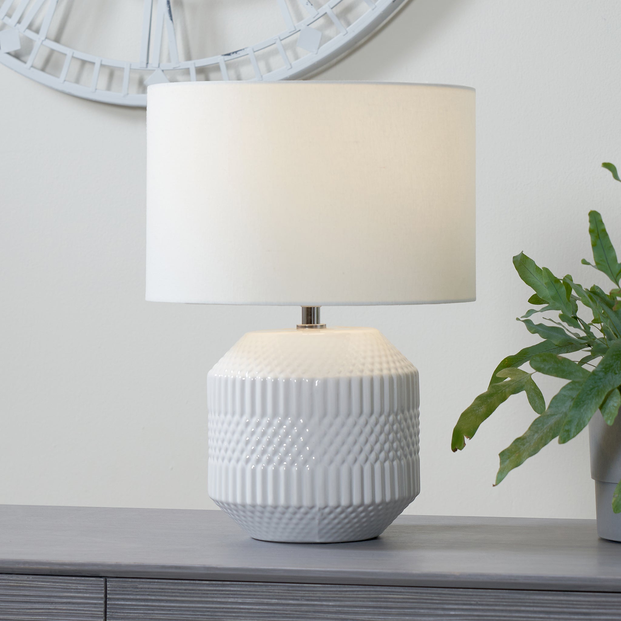 Meribel Geo Textured Ceramic Table Lamp in White