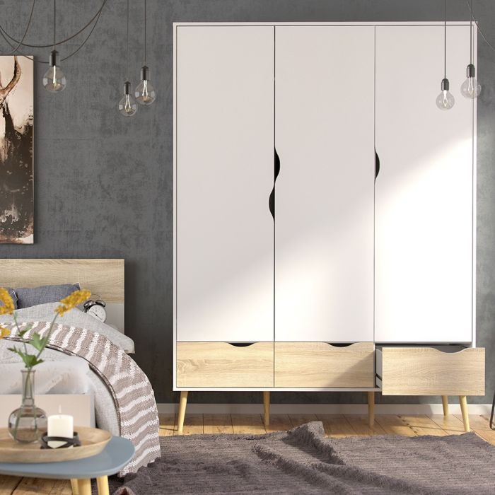 Oslo Wardrobe with 3 Doors 3 Drawers in White and Oak – UK