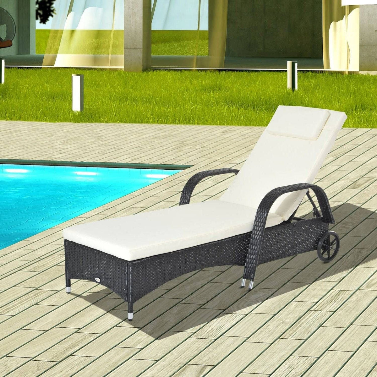 Reclining Sun Lounger with Adjustable Headrest and Fire Retardant Cushion – Black/White – Outsunny