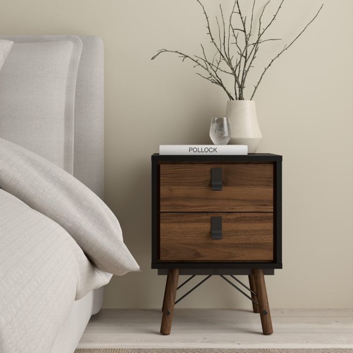 Ry Bedside cabinet 2 drawer in Matt Black Walnut – UK