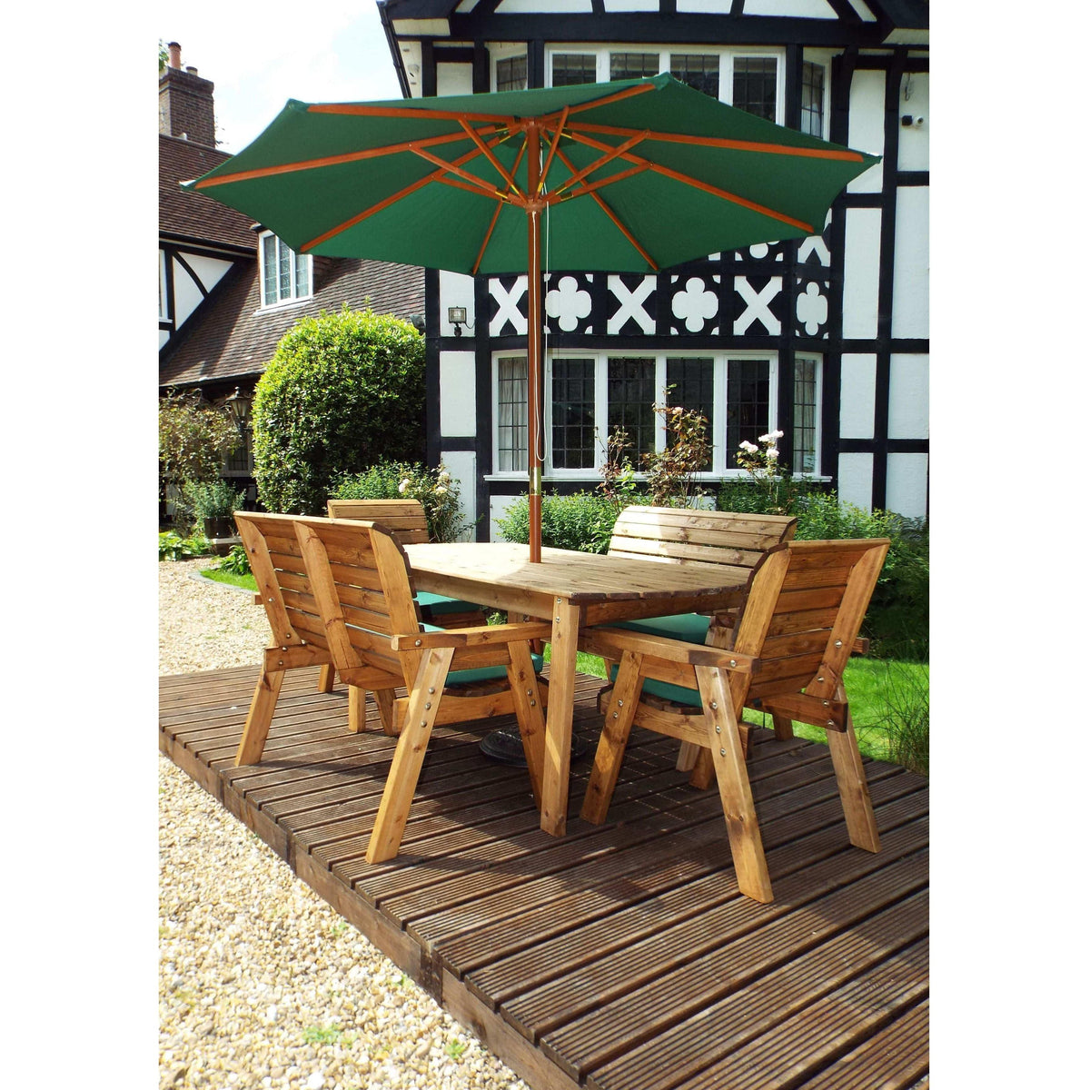 Six Seater Table Set Green with 2 Benches and 2 Armchairs – Scandinavian Redwood