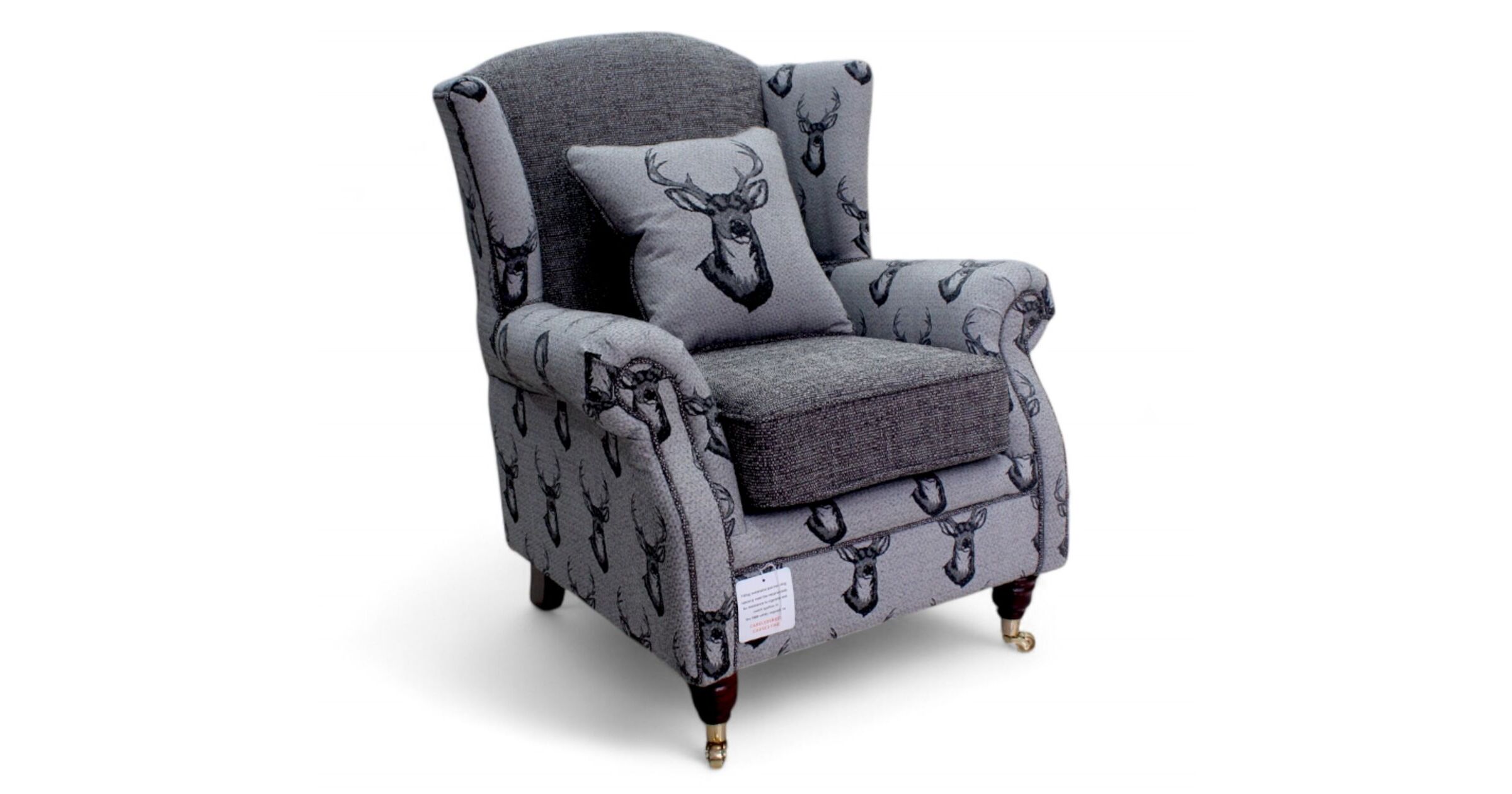 Wing Chair Fireside High Back Armchair Antler Stag Charcoal Grey