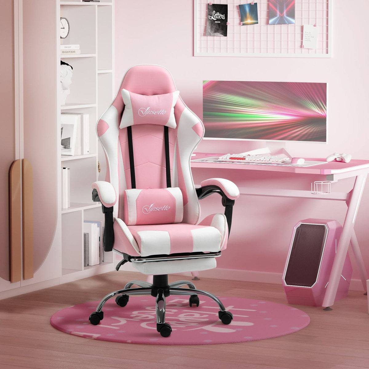 Gaming Desk Chair with Headrest and Retractable Footrest – Pink