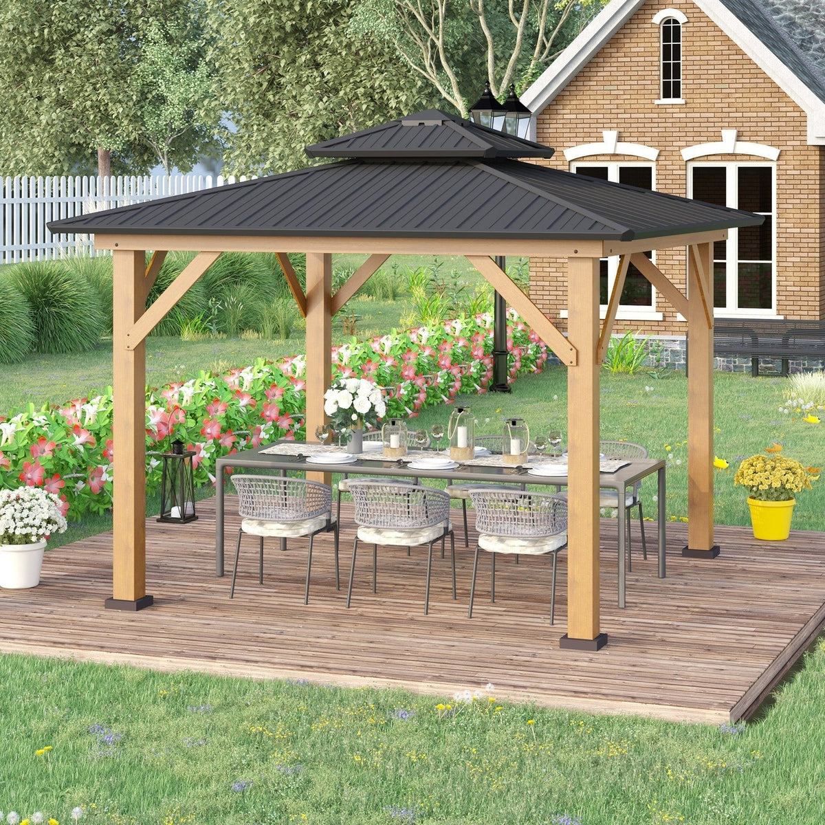 11 x 11 ft (3.4 x 3.4 m) Gazebo with 2-Tier Galvanised Metal Roof and Solid Wood Frame – Grey – Outsunny